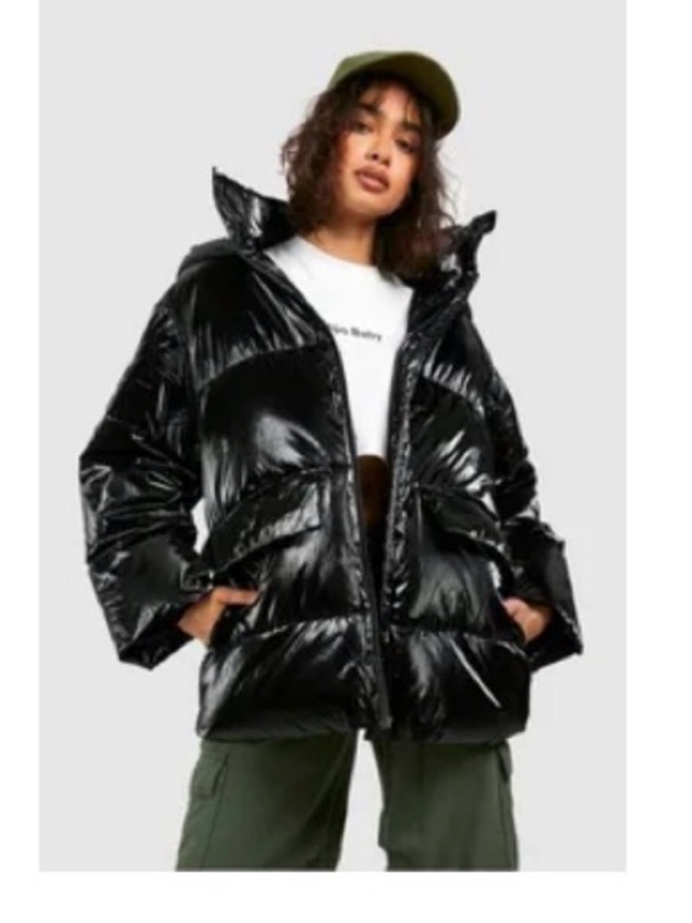 Boohoo Black High-Shine Puffer Jacket - Women's Coat US 10